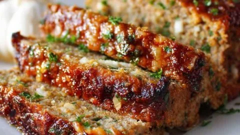 Garlic Parmesan Meatloaf served with mashed potatoes and greens