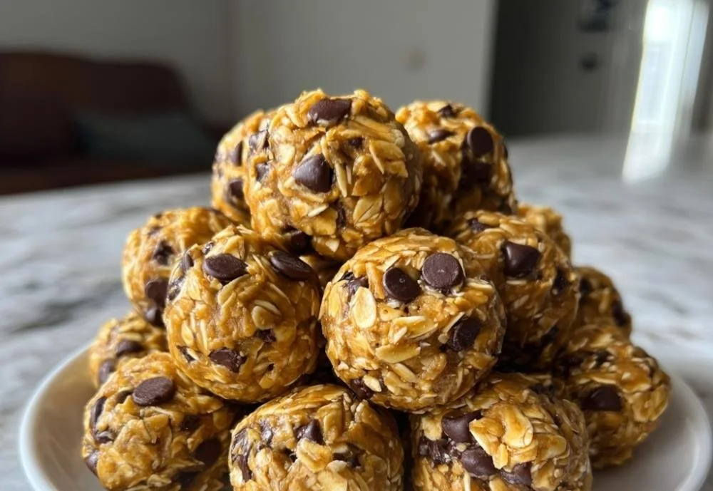 No-bake peanut butter energy bites made with oats and chocolate chips.