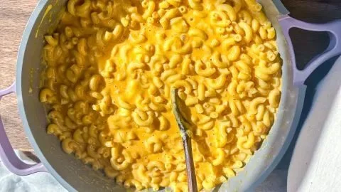 One pot creamy mac and cheese dish prepared on the stovetop