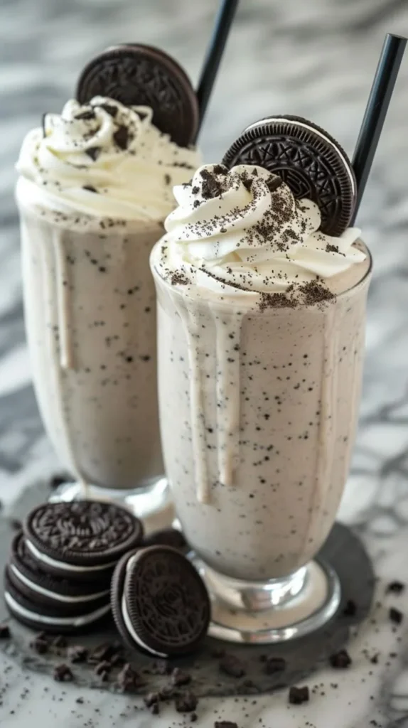 Delicious Oreo Milkshake topped with crushed Oreos and whipped cream