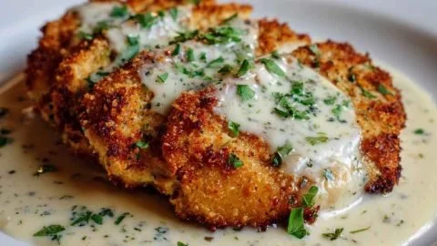 Parmesan Crusted Chicken served with creamy garlic sauce for dinner