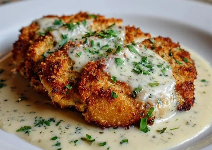 Delicious Parmesan Crusted Chicken drizzled with creamy garlic sauce on a plate.