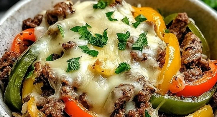 Delicious Philly cheesesteak bowls topped with melted cheese and fresh toppings.