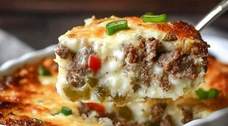 Philly cheesesteak skillet topped with melted cheese and fresh veggies