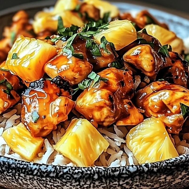 Plate of Pineapple Chicken and Rice garnished with green onions