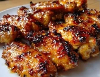 Pineapple-teriyaki chicken wings garnished with sesame seeds and green onions