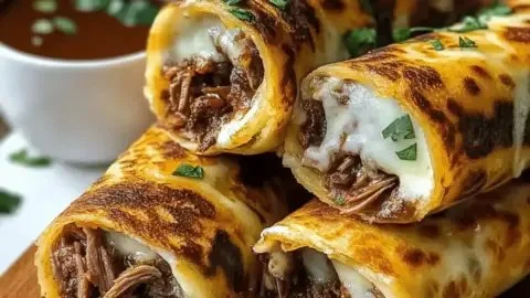 Quick French Dip Roll Ups served with dipping sauce