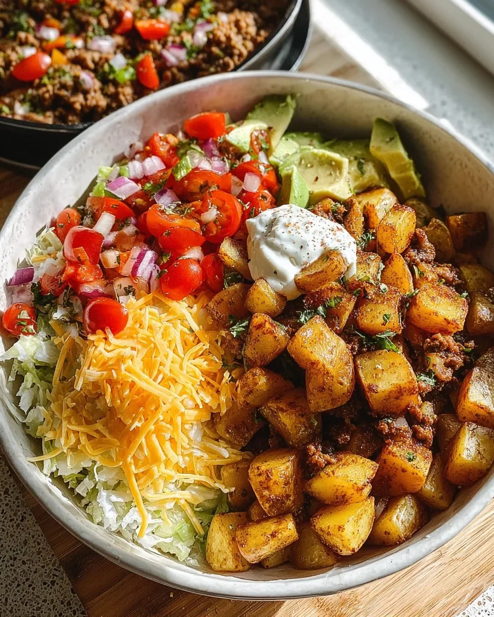 Quick potato taco bowl meal prep with fresh ingredients in a colorful dish