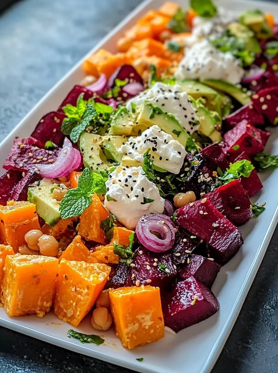 Roasted beet salad with sweet potato, avocado, whipped ricotta, and lemon-tahini drizzle