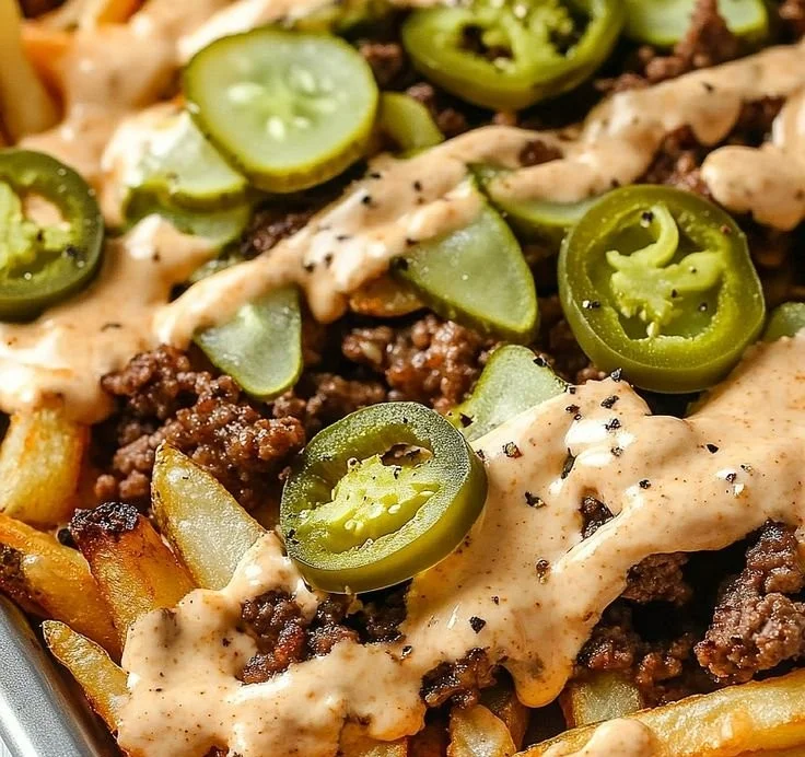 Savory smash burger fries served with delicious toppings and sauces.