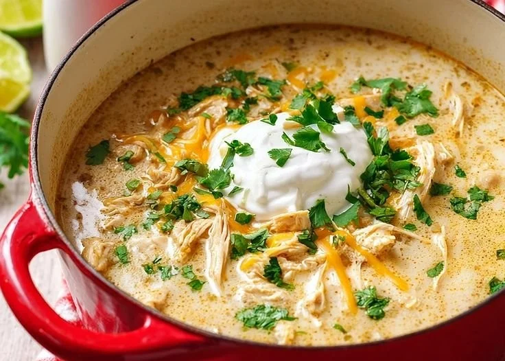 Bowl of Simple Keto White Chicken Chili garnished with cilantro and avocado