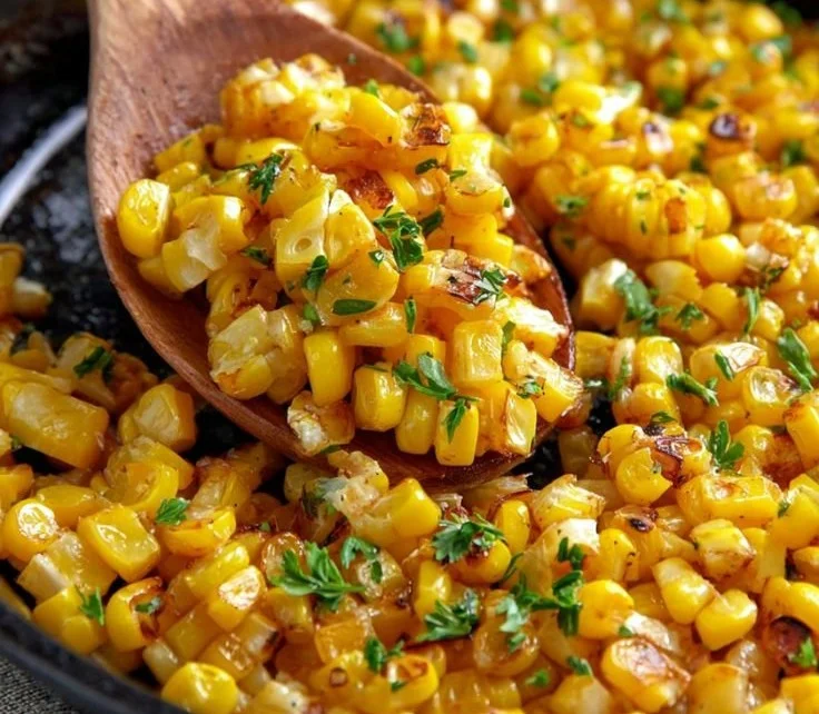 Skillet roasted corn with spices in a frying pan