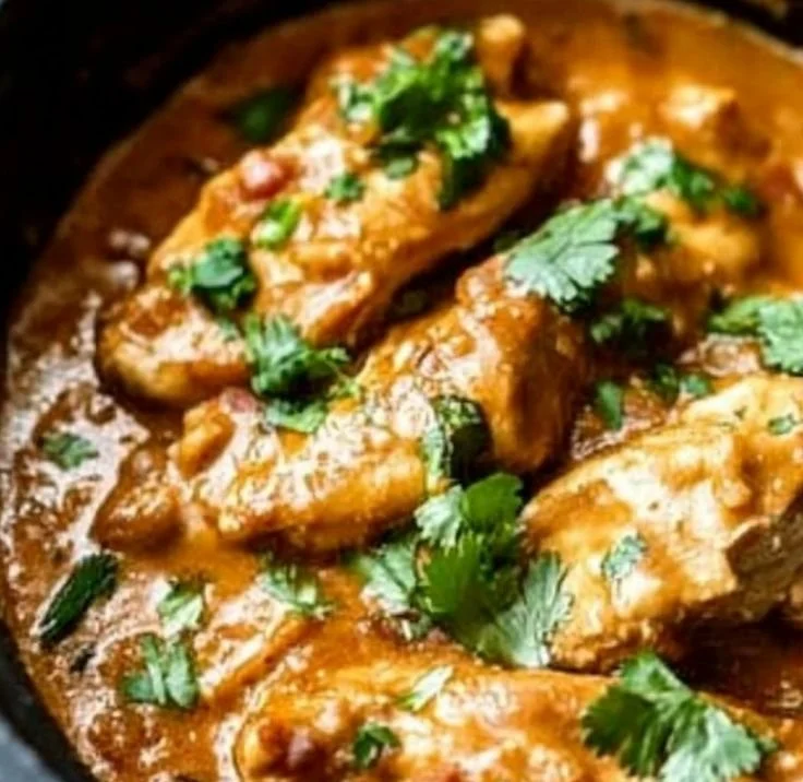 Delicious Slow Cooker Thai Peanut Chicken topped with peanuts and herbs