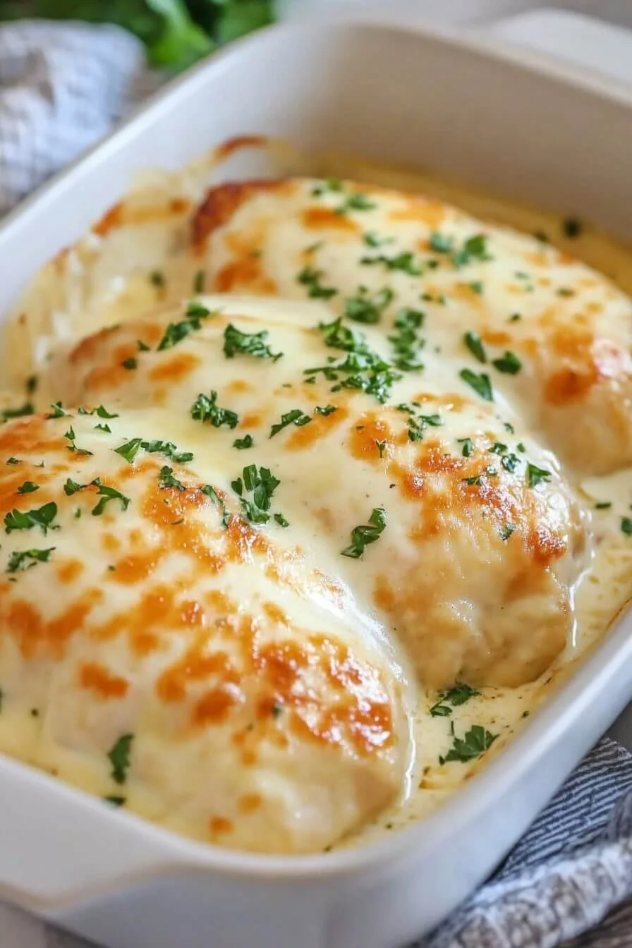 Delicious smothered cheesy sour cream chicken recipe ready to serve.