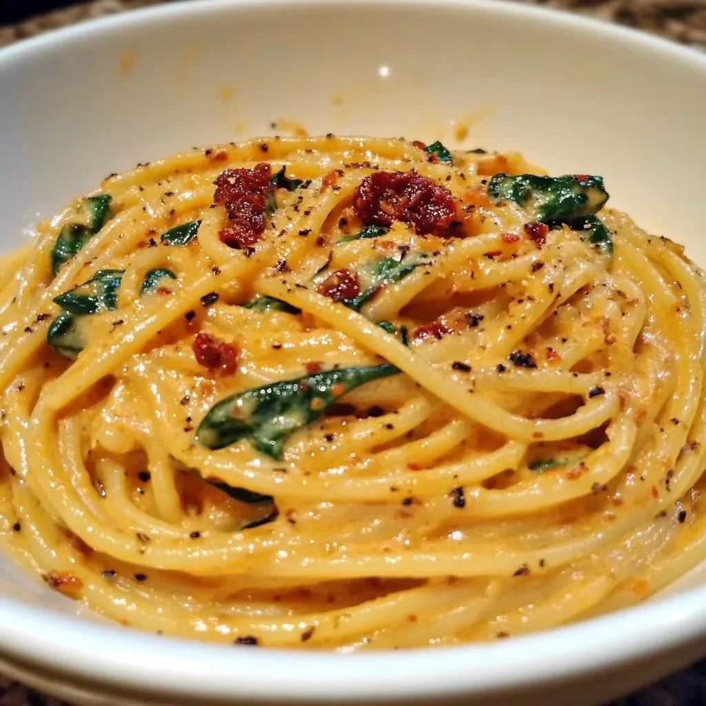 Plate of spaghetti spinach with sun-dried tomato cream sauce