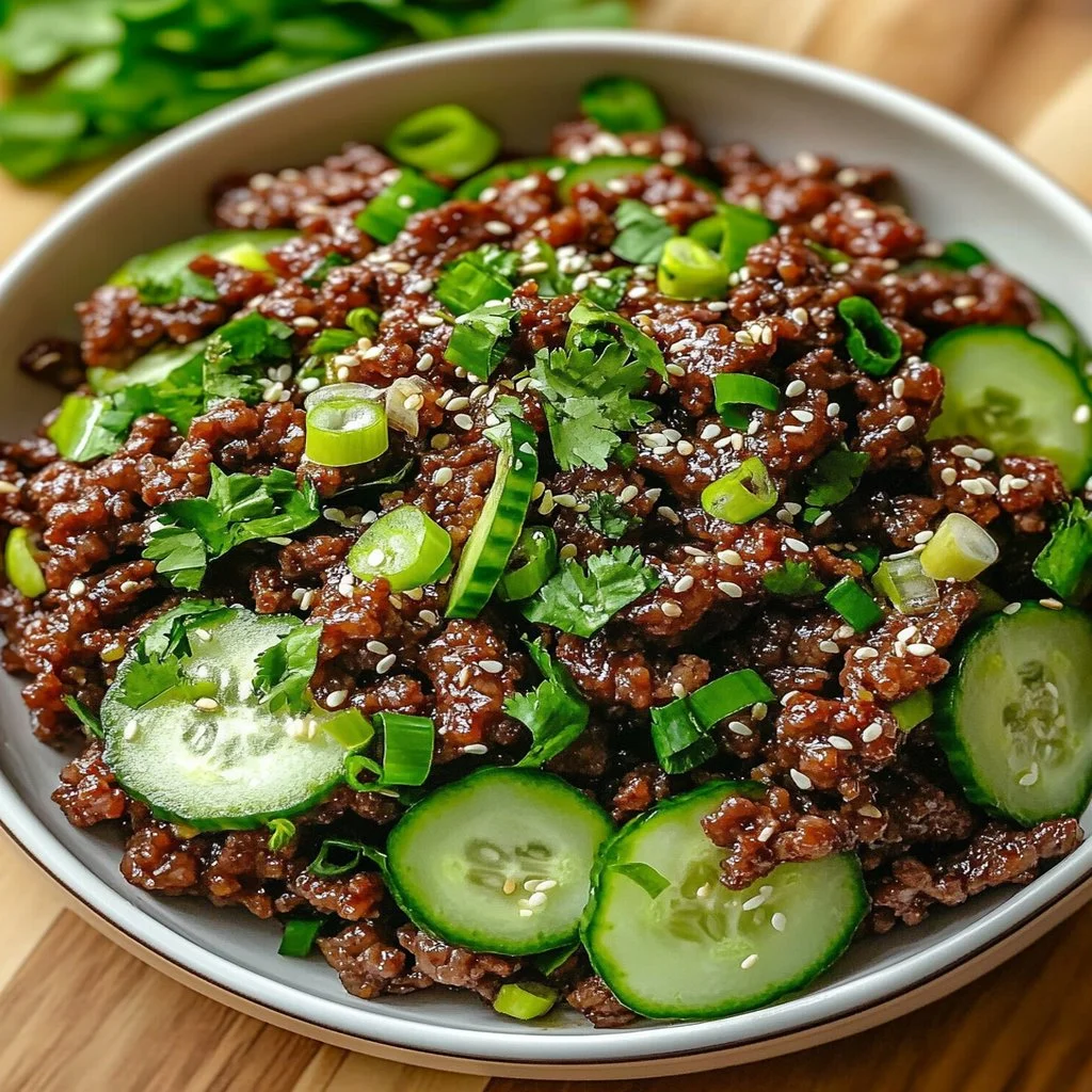 Spicy Keto Korean Ground Beef served with refreshing cucumber salad