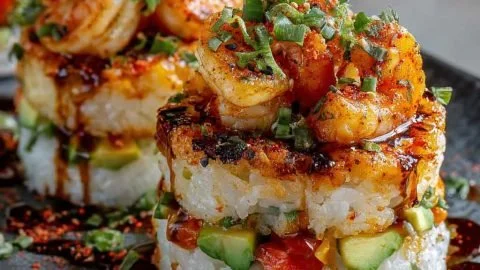 Spicy shrimp sushi stacks with layered ingredients and bold flavors.