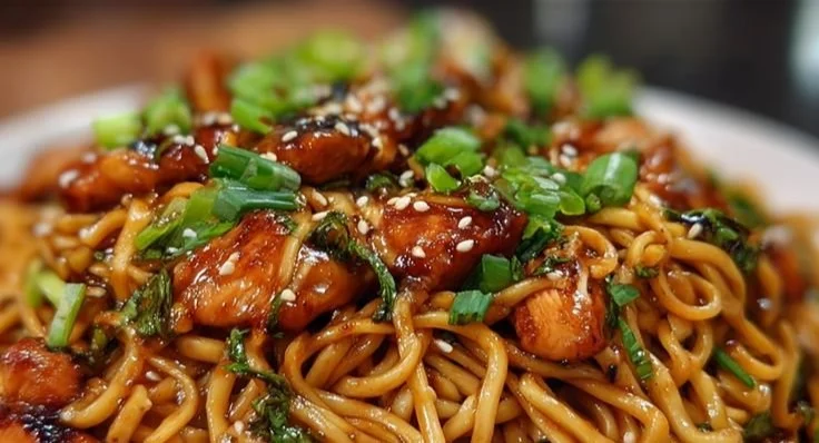 Delicious sticky garlic chicken noodles topped with fresh herbs and garnishes.
