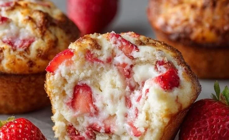 Freshly baked strawberry protein muffins on a wooden table
