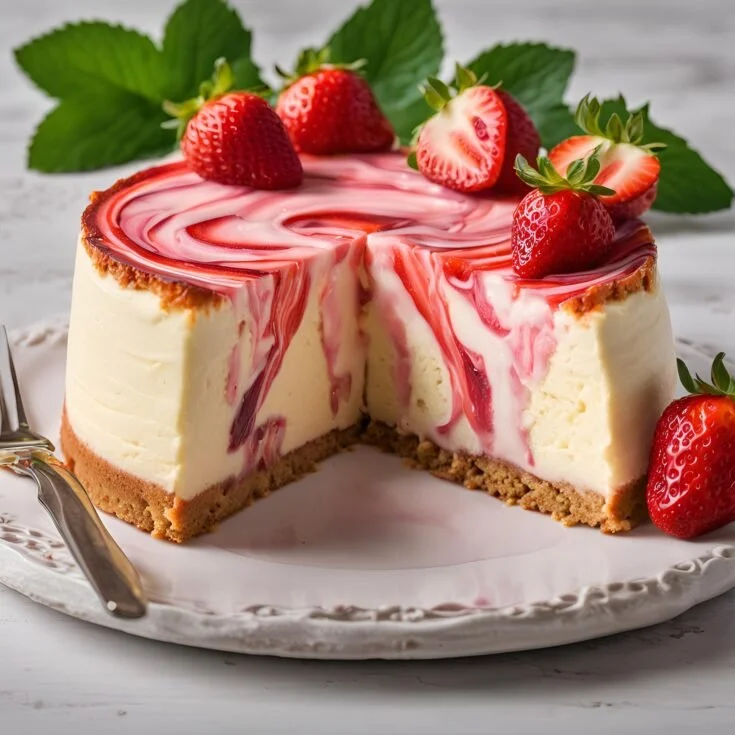 Slice of Strawberry Swirl Cheesecake on a white plate