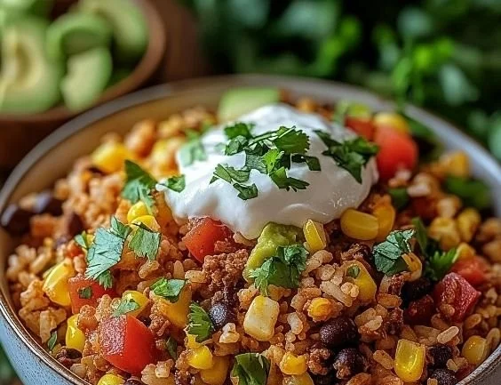 Delicious Taco Rice Bowl with seasoned meat, fresh vegetables, and vibrant toppings
