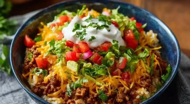 Delicious Taco Rice Bowl with seasoned beef, veggies, and toppings