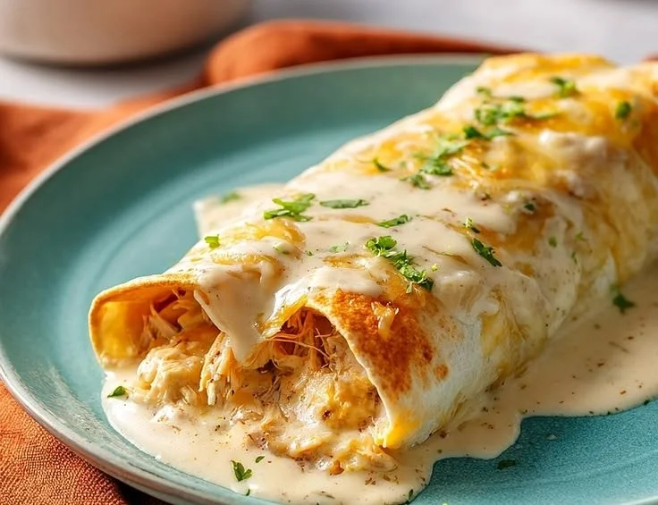 Plate of tasty white rotisserie chicken enchiladas topped with cheese and herbs