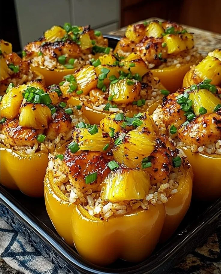 Teriyaki chicken with pineapple in stuffed peppers on a plate