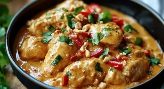 Crockpot Thai Peanut Chicken garnished with fresh ingredients