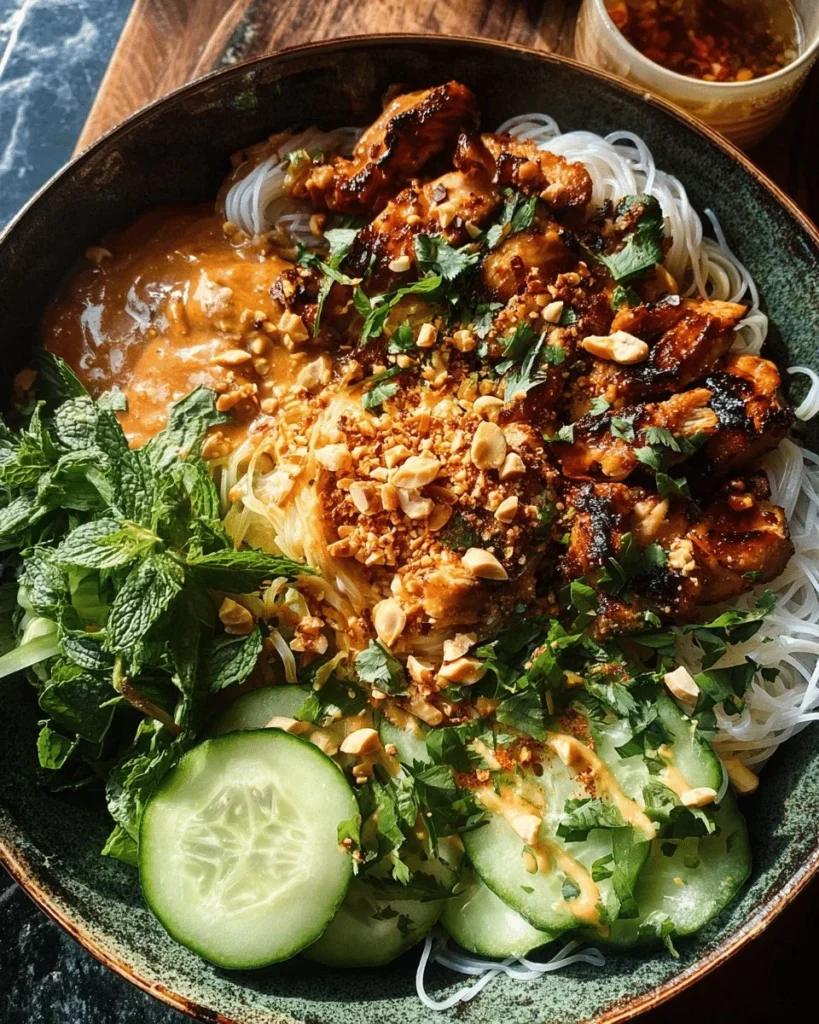 Delicious Thai Peanut Chicken Noodle Bowls garnished with fresh herbs