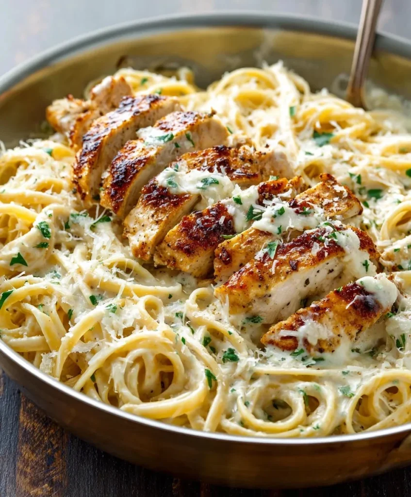 Creamy garlic parmesan chicken pasta topped with parsley and grated cheese