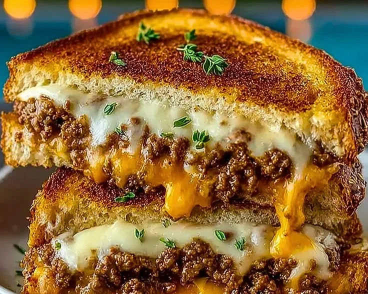 Ultimate Cheesy Ground Beef Melt served on a plate with melted cheese on top