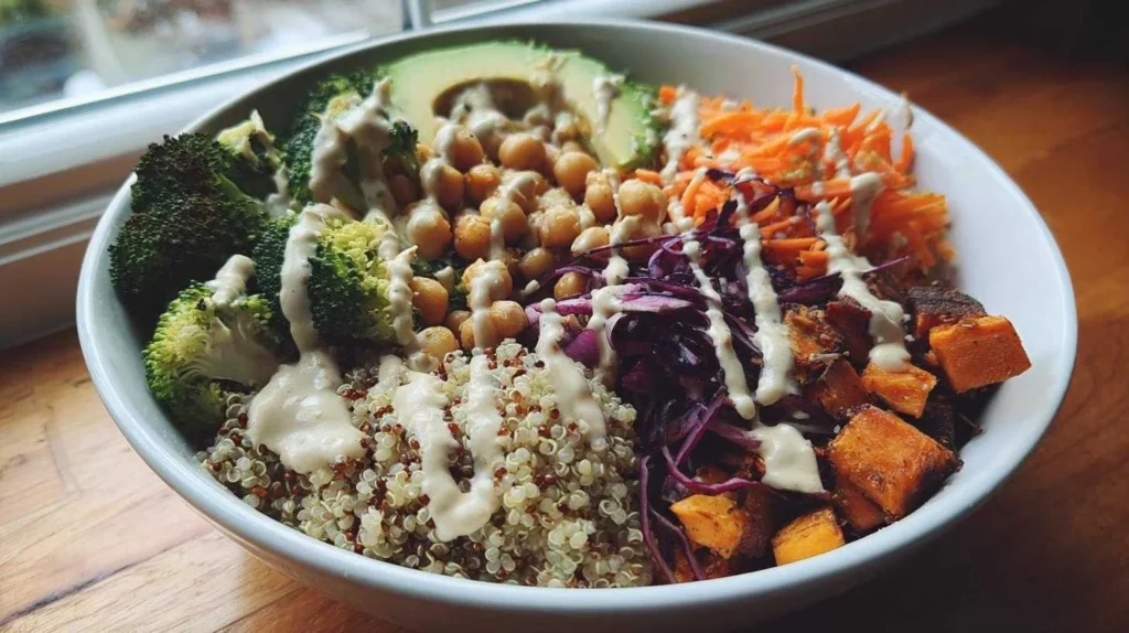Vegan Buddha Bowl served with fresh vegetables and grains for a quick lunch