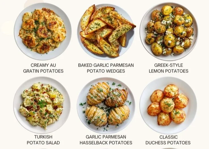 Variety of irresistible potato side dishes served in colorful dishes