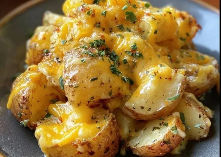 Bowl of 3-Ingredient Cheesy Ranch Potatoes garnished with herbs