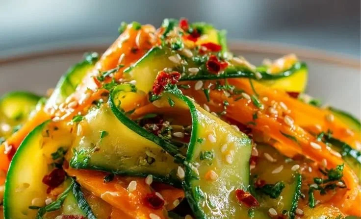 Bowl of colorful Asian Carrot Salad with sesame dressing and fresh herbs