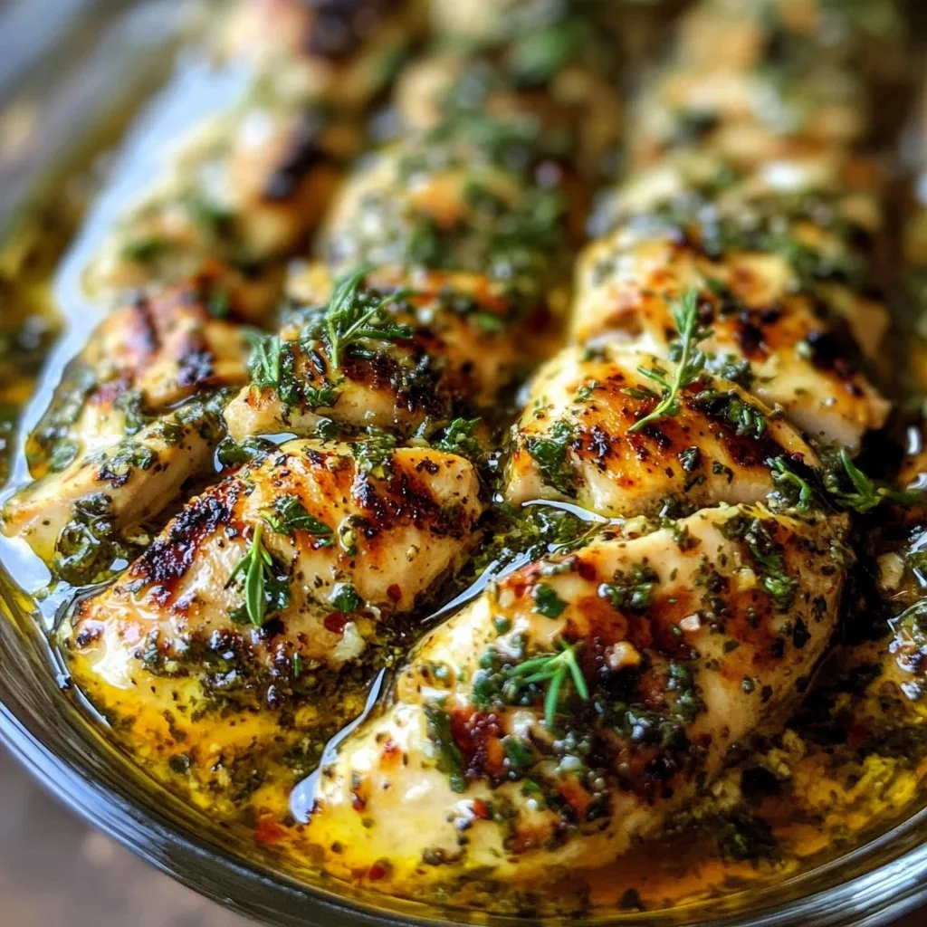 Plate of authentic Greek chicken souvlaki with marinade and fresh herbs