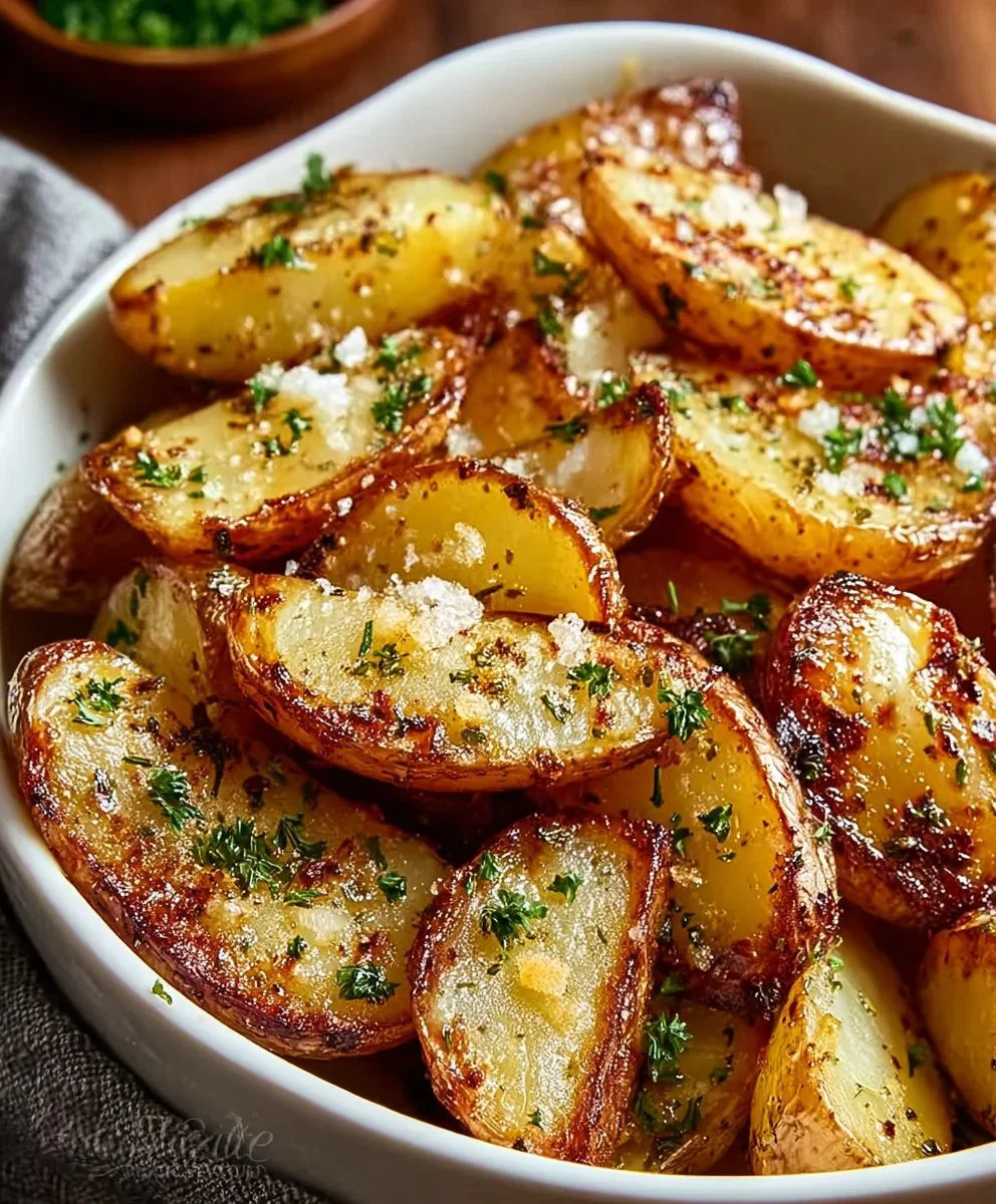 Authentic Greek potatoes with a crispy lemon finish, a delicious Mediterranean dish.