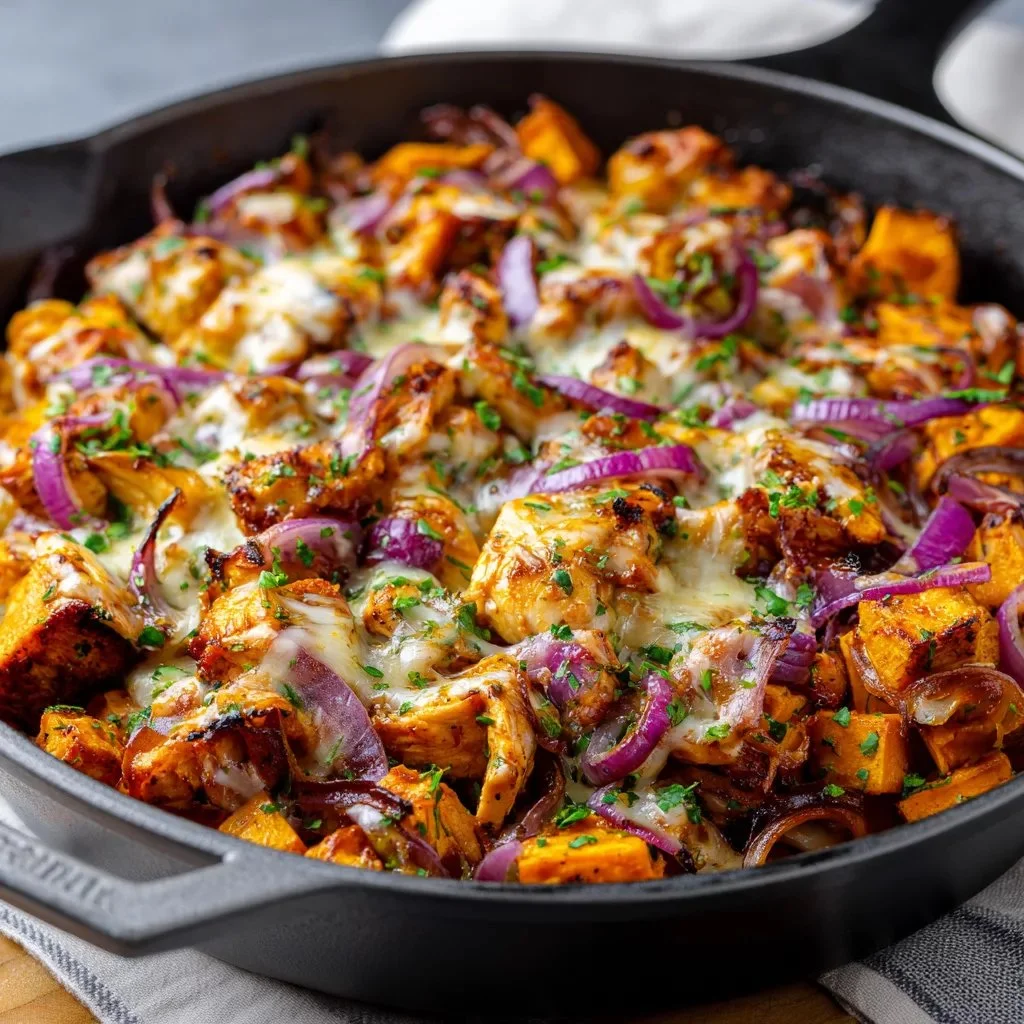 BBQ chicken sweet potato skillet in a pan, garnished with herbs.
