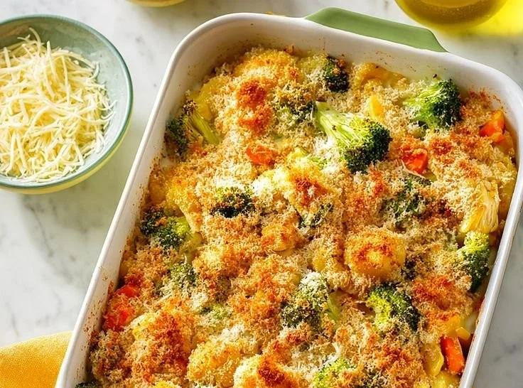 Delicious rotisserie chicken casserole topped with cheese and vegetables