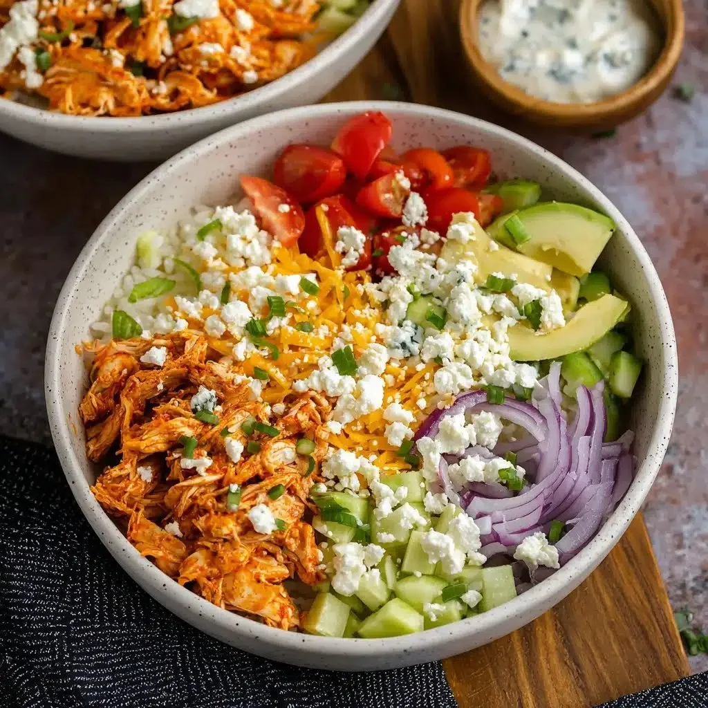 Delicious Buffalo Chicken Bowl topped with fresh ingredients and sauce