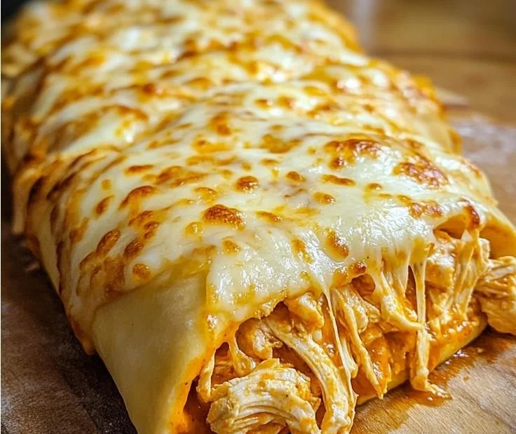 Buffalo Chicken Cheese Bake topped with melted cheese and garnished