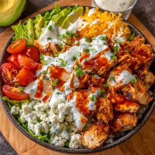 Buffalo Chicken Protein Bowl with fresh vegetables and flavorful sauce