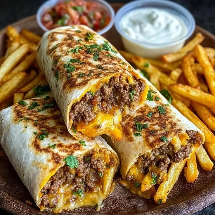 Cheesy beef burritos served with crispy fries on a plate