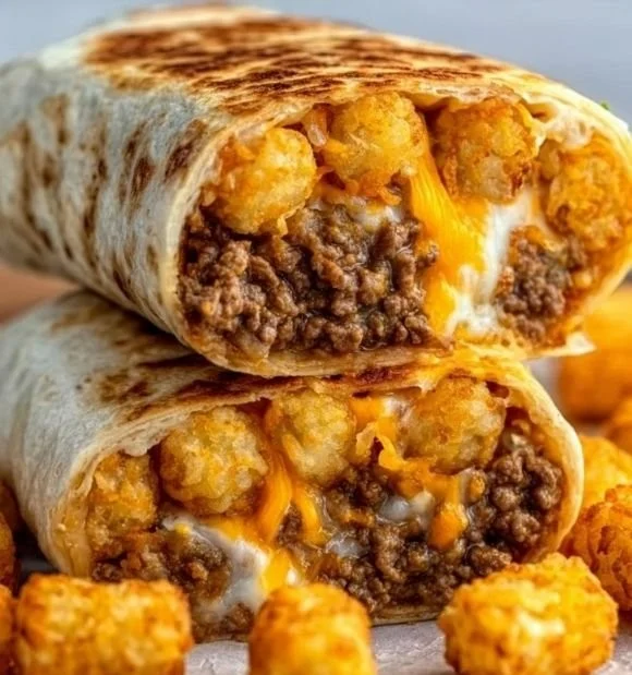 Delicious cheesy potato burritos wrapped and ready to serve