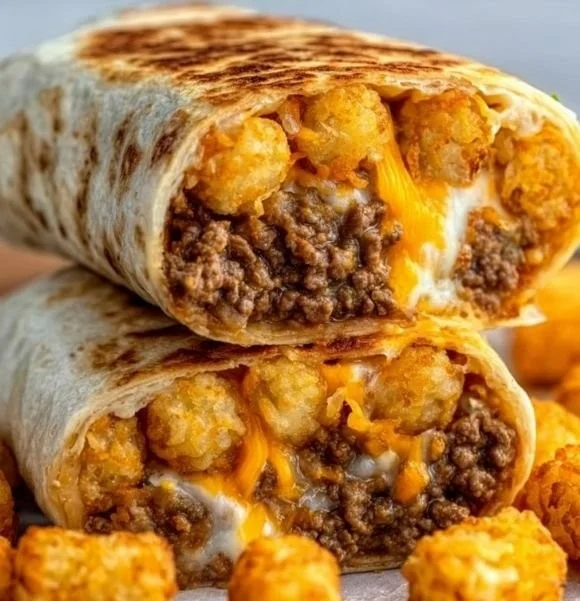 Cheesy potato burritos served on a plate, featuring creamy filling and crispy edges.