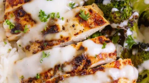 Chicken and Broccoli Bowls with Creamy Garlic Sauce served in a bowl