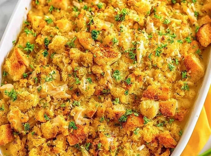 Delicious Chicken and Stuffing Casserole garnished and ready to serve