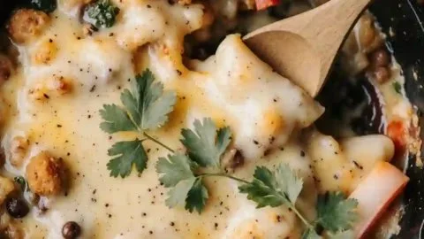 Chicken Fajita Casserole topped with colorful peppers and cheese