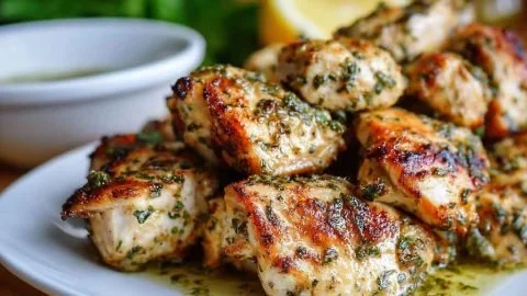 Delicious chicken souvlaki skewers with fresh vegetables and herbs
